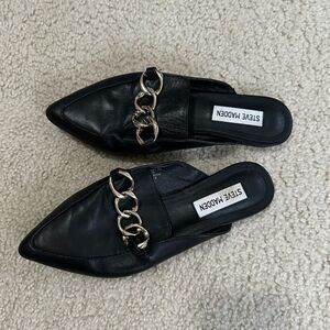 Steve Madden black career style loafers with gold chain detailing